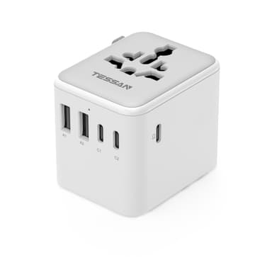 TESSAN Universal Travel Adapter 28W, Worldwide Plug Adaptor with 2 USB A and 3 USB C Ports, International Travel Adapter for EU, UK, USA, AU, Power Socket Charger for Multi Countries, Grey White