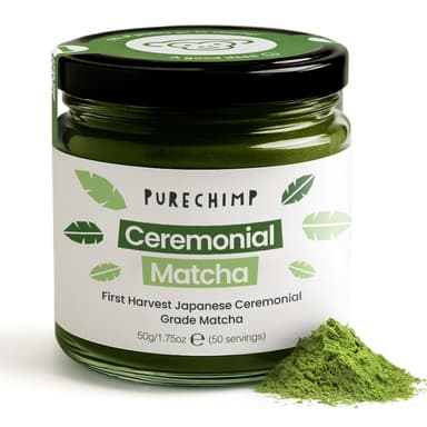 PureChimp Ceremonial Grade Matcha Powder 50g. 100% Pure Green Tea. Shade-Grown for MatchaLatte, Teas & Recipes. Recyclable Glass Jar. Antioxidant-Rich.