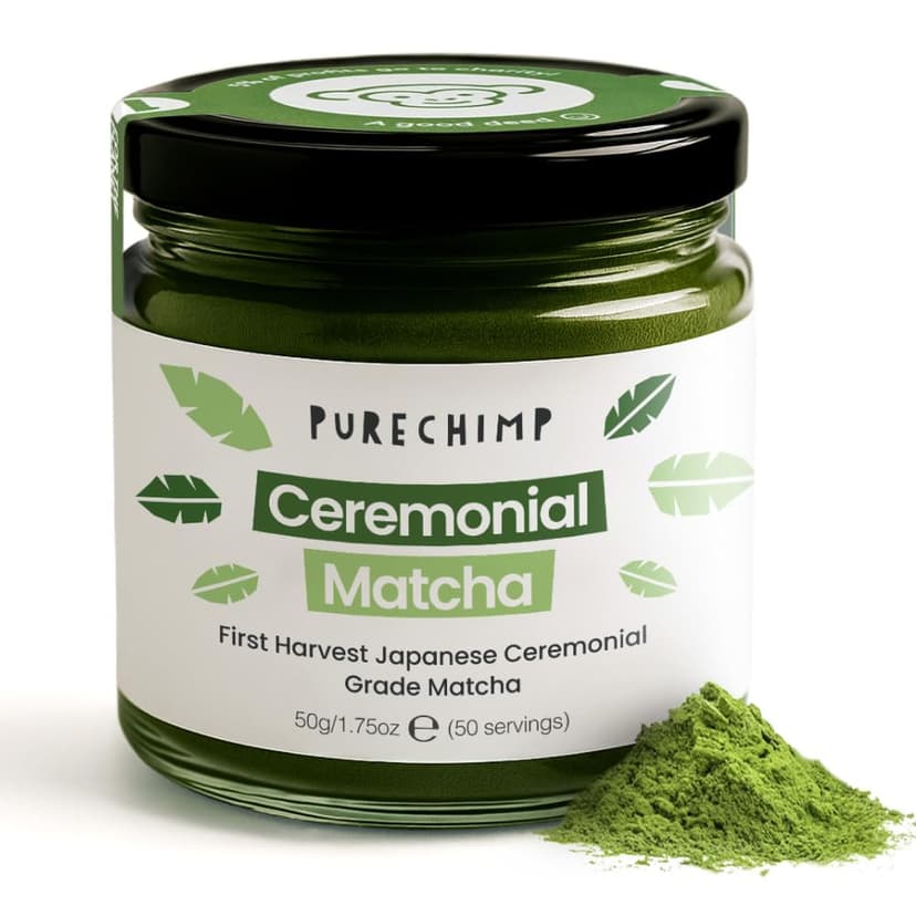 PureChimp Ceremonial Grade Matcha Powder 50g. 100% Pure Green Tea. Shade-Grown for MatchaLatte, Teas & Recipes. Recyclable Glass Jar. Antioxidant-Rich.