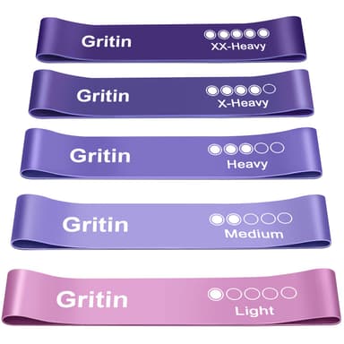 Gritin Resistance Bands, Set of 5 Skin-Friendly Resistance Fitness Exercise Loop Bands with 5 Different Strength Levels - Carrying Case Included - Ideal for Home, Gym, Yoga, Training