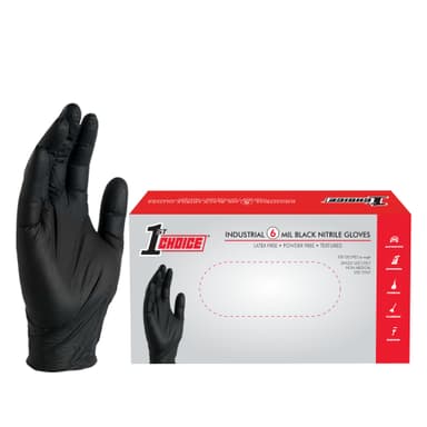1st Choice Industrial 6 Mil Black Nitrile Gloves, Latex Free, Powder Free, Textured, Disposable, Non-Sterile, Size XLarge, Box of 100, 1PBNXLBX