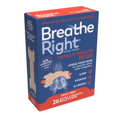 Breathe Right Extra Strength Beige 26 Pieces, Nasal Strips for Snoring, Nose Strips for Breathing, Blocked Nose Relief, Drug-Free Snoring Aid for Men and Women, Pack of 26