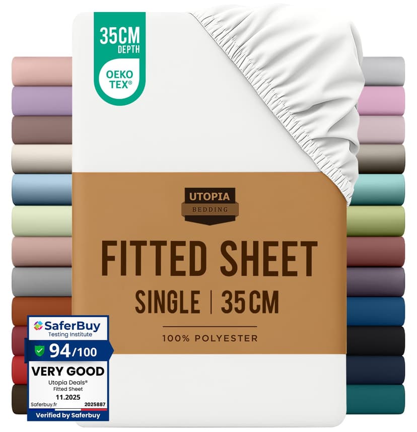 Utopia Bedding Fitted Sheet Single, White - Deep Pocket 14 inch (35 cm) - Easy Care - OEKO-TEX Certified - Soft Brushed Microfibre Fabric - Shrinkage and Fade Resistant - Bottom Sheet