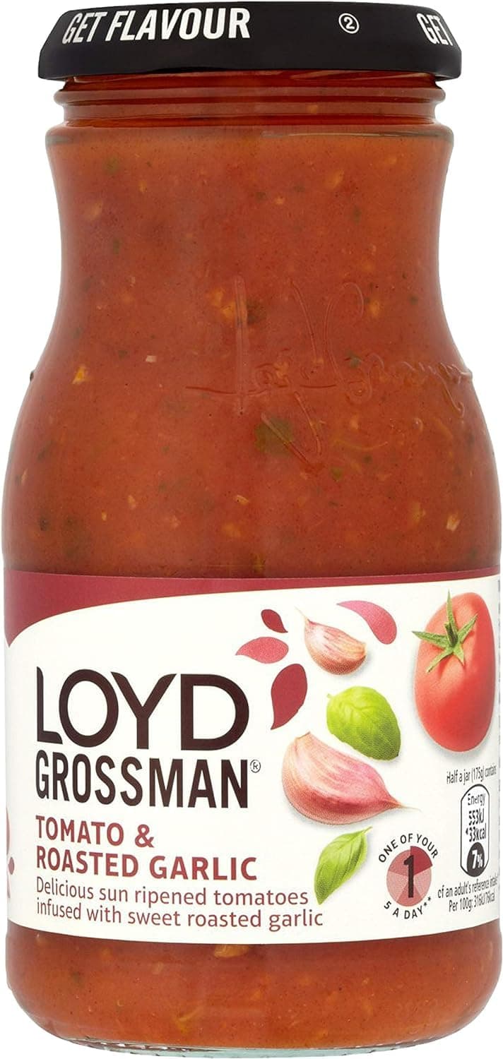 Loyd Grossman Italian Tomato & Roasted Garlic Sauce – Rich Tomato & Sweet Garlic Fusion, Classic Italian Flavour, 350 g Jar (Pack of 1)