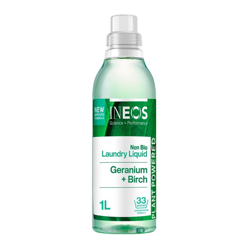 INEOS Next-Gen Non Bio Laundry Washing Liquid Detergent, 33 Washes (1L), High Performance Stain Remover For Clothes, Plant Powered, For Sensitive Skin, Geranium + Birch, Packaging May Vary