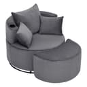 INMOZATA Swivel Snuggle Chair Jumbo Cord Cuddle Chair with Footstool Set Arc 1.5 Seater Accent Chair with Built-in Cup Holder & 3 Pillows Sofa Armchair with 360° Rotating Metal Base, Grey