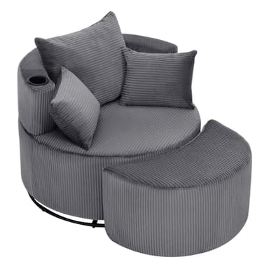 INMOZATA Swivel Snuggle Chair Jumbo Cord Cuddle Chair with Footstool Set Arc 1.5 Seater Accent Chair with Built-in Cup Holder & 3 Pillows Sofa Armchair with 360° Rotating Metal Base, Grey - Snuggle Chair deal on Amazon UK