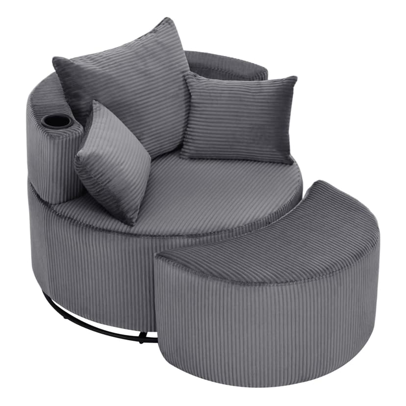 INMOZATA Swivel Snuggle Chair Jumbo Cord Cuddle Chair with Footstool Set Arc 1.5 Seater Accent Chair with Built-in Cup Holder & 3 Pillows Sofa Armchair with 360° Rotating Metal Base, Grey