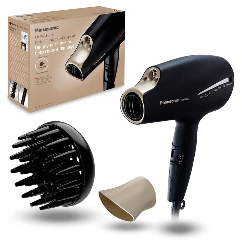 Panasonic EH-NA9J-N895 Advanced Folding Hair Dryer with Diffuser, Nanoe & Double Mineral Technology — Reduces Frizz, Damage and Split Ends, Black & Champagne Gold