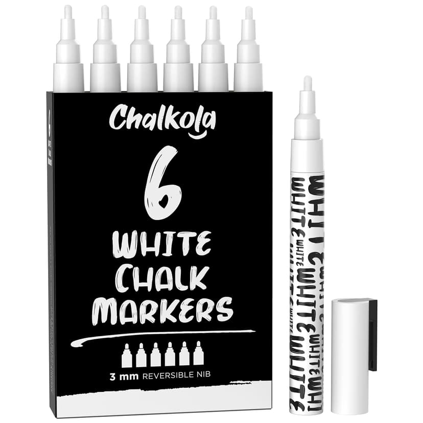Chalkola White Chalk Pens - White Dry Erase Liquid Chalk Pens for Chalkboard, Blackboard, Window, Bistro, Car Glass, Board, Signs - 3mm Reversible Bullet & Chisel Point