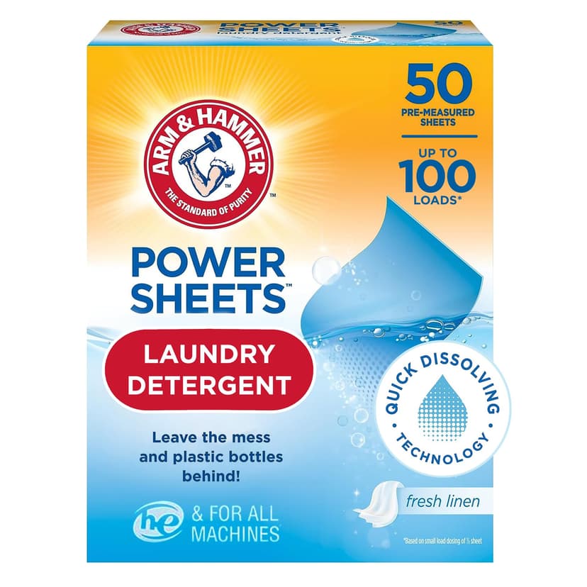 Arm and Hammer Power Laundry Detergent, Fresh Linen Laundry Sheets 50ct, up to 100 Small Loads, Ultraconcentrated Washing Detergent for deep clean, Laundry Detergent for Washing Machine