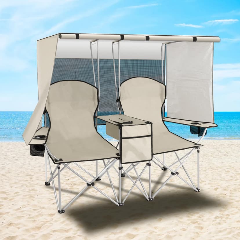 PLKO Portable Double Camping Chair with Canopy Shade,Heavy Duty Beach Chairs for Adults,Folding Beach Chair with Cooler Bag for Sports Backyard Fishing Outside（White）
