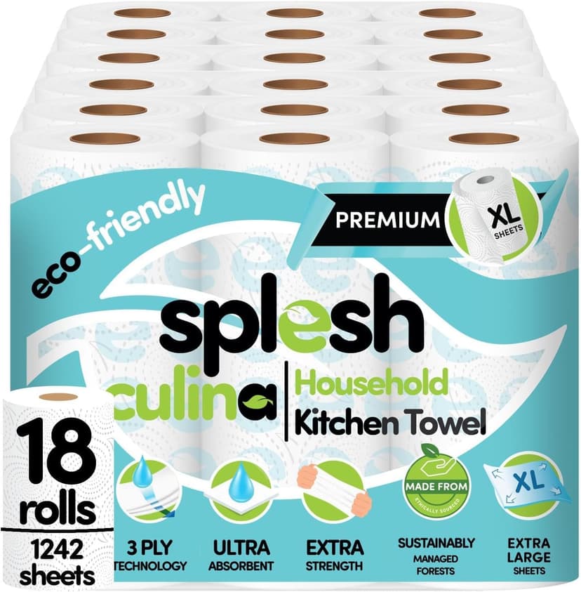 Splesh Culina Kitchen Towel - 18 XL Rolls (1242 Sheets) 3 Ply Ultra Absorbent & Extra Strong, Large Eco-Friendly Household Kitchen Rolls - 69 Super Sized Triple Layered Sheets Per Roll