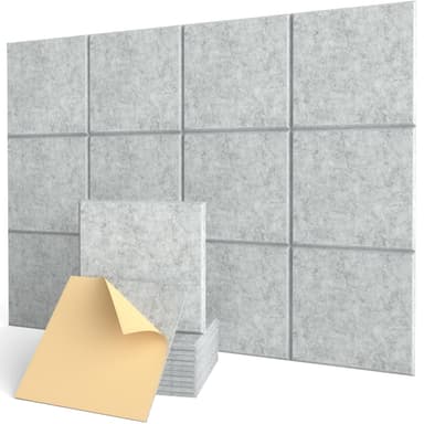 Acoustic Wall Panels Self-Adhesive, 12 Pcs Sound Absorbing Panels for Studio, Bedroom, Living Room, Office, Gaming, Ceiling, Door Acoustic Treatment, Gray, 12" X 12" X 0.4"
