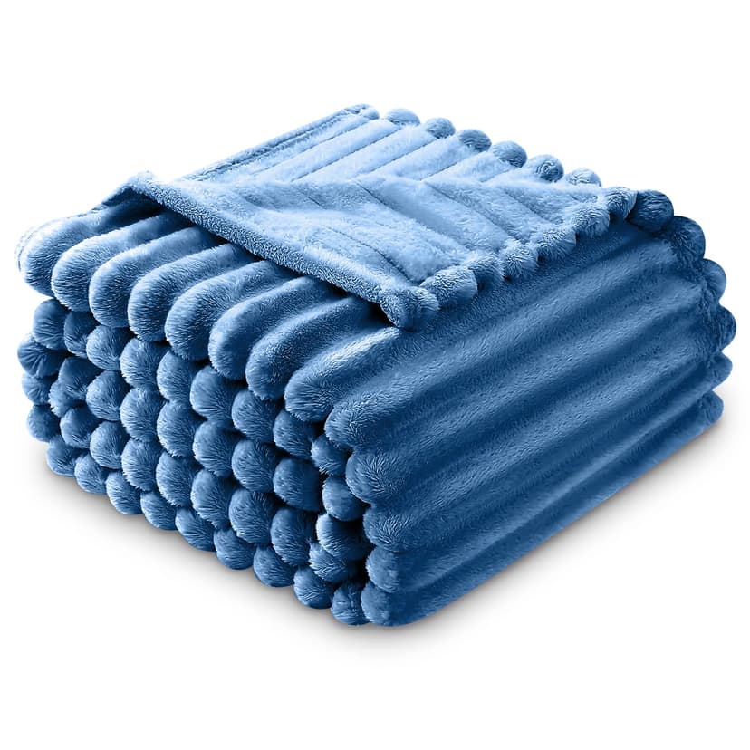 GC GAVENO CAVAILIA Fleece Blankets Double (150x200cm) - Ribbed Cosy Bed Throw Blanket - Exra Warm Throws for Sofas, Chair, Couch, Settee - Snuggle Blankets & Throws - Super Soft - Blue
