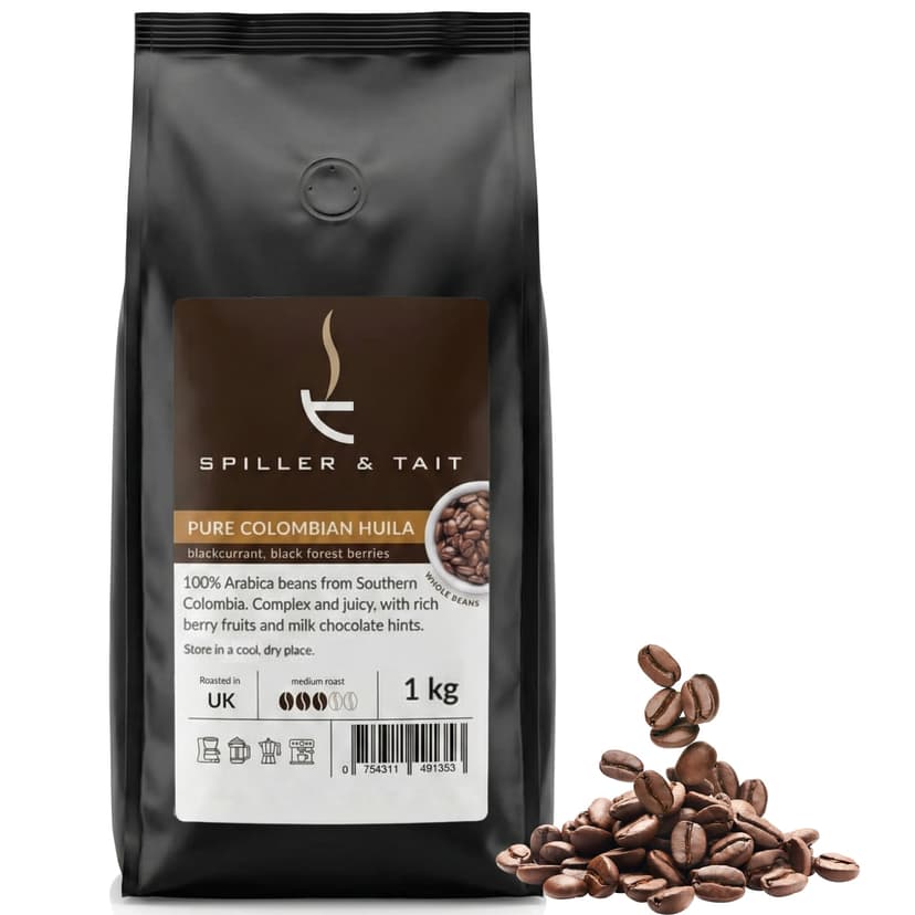 Spiller & Tait Pure Colombian Huila – Coffee Beans 1kg Bag – Top Speciality Columbian Coffee Beans Roasted in the UK – Gourmet Blend for Great Tasting Brew at Home