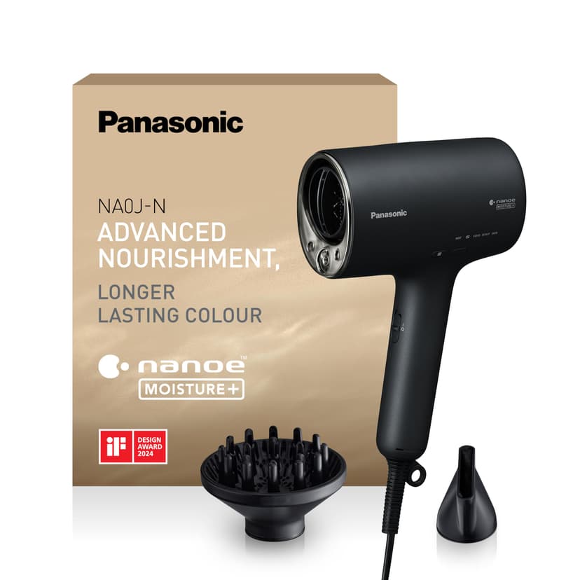 Panasonic EH-NA0J-N895 Hairdryer with Diffuser, Nanoe Moisture+ and Mineral Technology, Intelligent Heat Sensing, Styling Nozzle, Hot & Cold Alternating Mode, Black & Champagne Gold