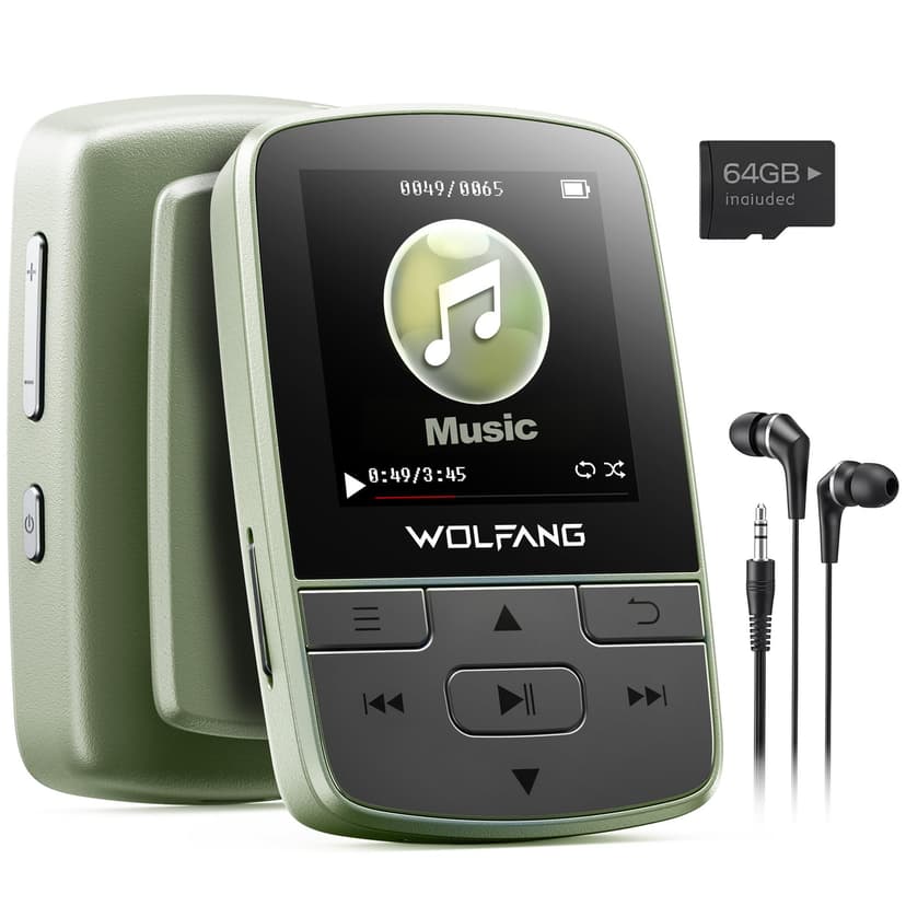 WOLFANG MP3 Players with Bluetooth 5.2, Sports Clip, Mini Size, Weigh 1 oz, HiF FM Radio, Voice Recorder, Earphones Included (Military Green)