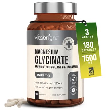 VitaBright Magnesium Glycinate | 180 Capsules | 2 A Day | 1500mg Mag Bisglycinate | 300mg Elemental Mag | High Strength Magnesium Supplements for Women - Men - Adults