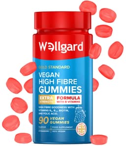 Vegan High Fibre Gummies Wellgard – High Strength Fibre Gummy Vitamins B₆, B₁₂, Biotin, and Folic Acid, Strawberry Flavour, UK Formulated