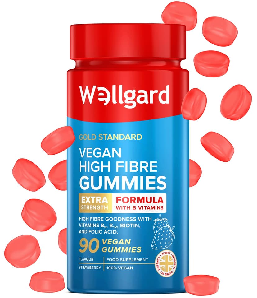 Vegan High Fibre Gummies Wellgard – High Strength Fibre Gummy Vitamins B₆, B₁₂, Biotin, and Folic Acid, Strawberry Flavour, UK Formulated