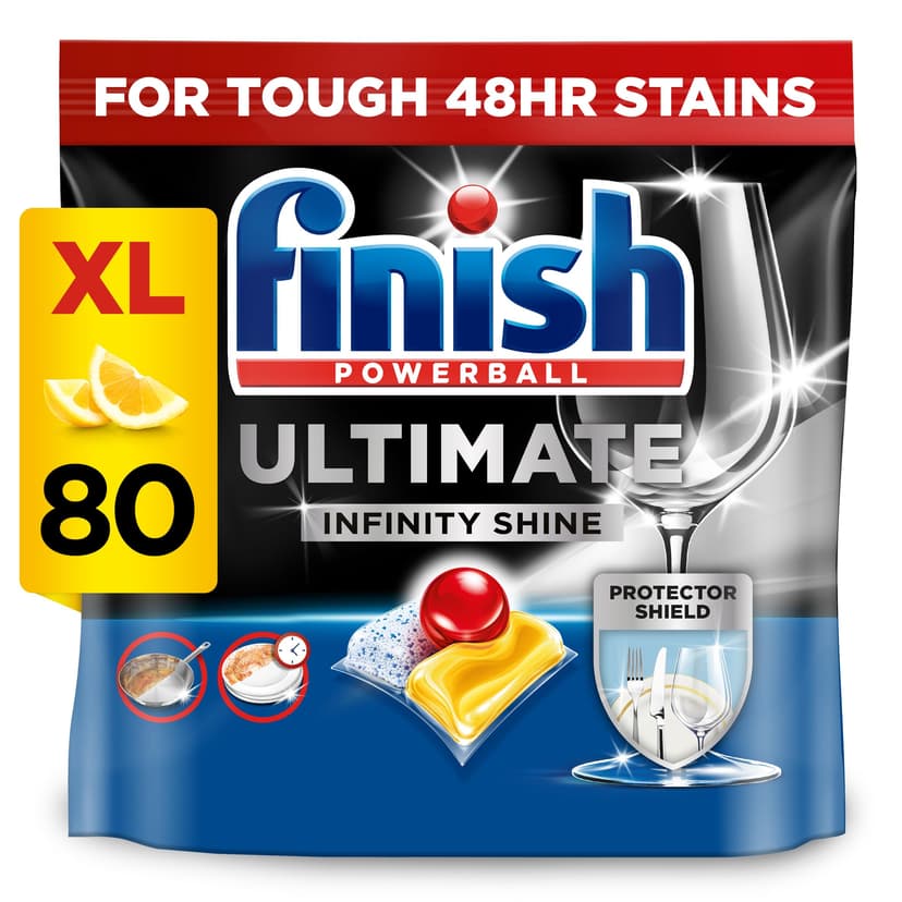 Finish Dishwasher Tablet, Ultimate Infinity Shine, 80 Tablets, Lemon Sparkle, Clean & Shine Detergent Tabs, Tough on Grease Stains, Effective for Short Eco Cycle