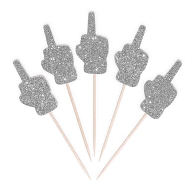 CloverCrafts 12 x Glitter Middle Finger Cupcake Toppers – Divorce Party Celebration Decor (Silver)