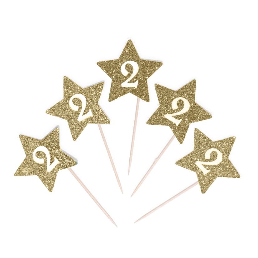 12 x Glitter 2nd Baby Birthday Cupcake Toppers – Festive Celebration Stars (Gold)
