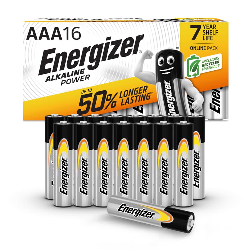 Energizer Alkaline Power - AAA Batteries (16 Pack) - Triple A Battery 1.5V - Up To 50% Longer Lasting - For Everyday Devices - 100% Recyclable Packaging - 7 Year Shelf-Life [Amazon Exclusive]