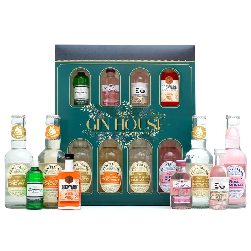 Flavoured Gin Gift Set - Premium 4x5cl Gordons Pink, Edinburgh Rhubarb and Ginger, Tanqueray, Dockyard Orange, 4x125ml Fentimans Tonic Cocktail Mixers - Gin Gifts for Women, Men, Birthday, Fathers Day