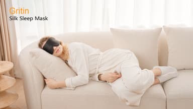 Gritin Silk Sleep Mask, Eye Mask for Sleeping, Light-Blackout Design Ultra Soft & Comfortable, 100% Natural Silk Sleeping Eye Blinder with Adjustable Strap and Ear Plug for Men&Women/Travel Essentials