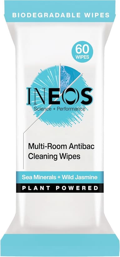 INEOS Next-Gen Antibac Multi-Room Disinfectant Biodegradable 60 Wipes, Sea Minerals + Wild Jasmine, Kills 99.9% of Bacteria + Viruses, Plant Powered, Packaging May Vary