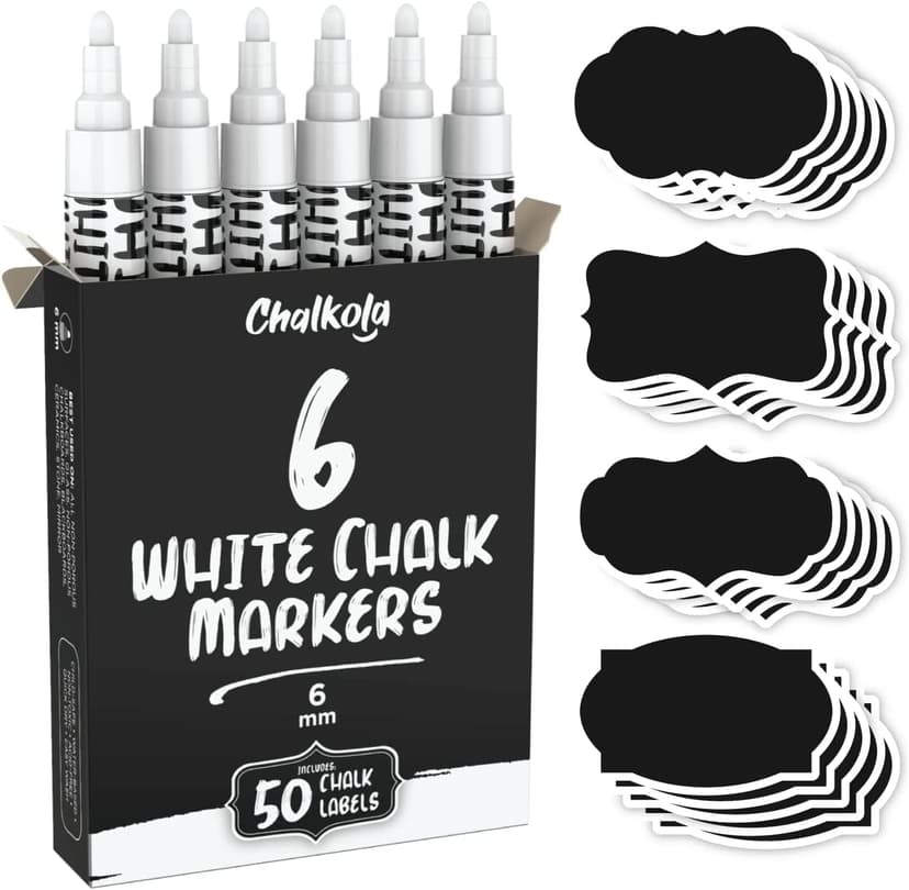 Chalkola White Chalk Markers (6 Pack, 6mm Reversible Tip) - White Dry Erase Liquid Chalk Pens for Blackboard, Window, Bistro, Car Glass, Board, Calendar - Erasable Chalkboard Markers + 50 labels