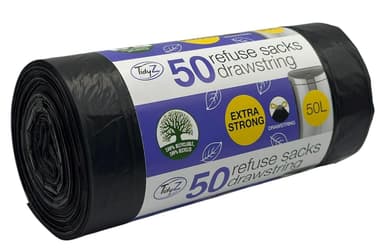 50 TidyZ Heavy-Duty Black Bin Bags. Made from 100% Recycled Plastic. Extra Strong Refuse Sacks. With Drawstring. 50L. For Kitchen, Office, General Household Waste. Leakproof