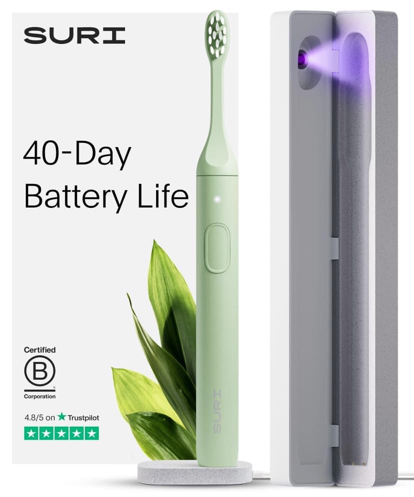 SURI 1.0 Sonic Electric Toothbrush with UV Cleaning Travel Case | 1 Month+ Battery | UK’s No.1 Rated | Electric Toothbrush Adults | Sonic Toothbrushes | Green