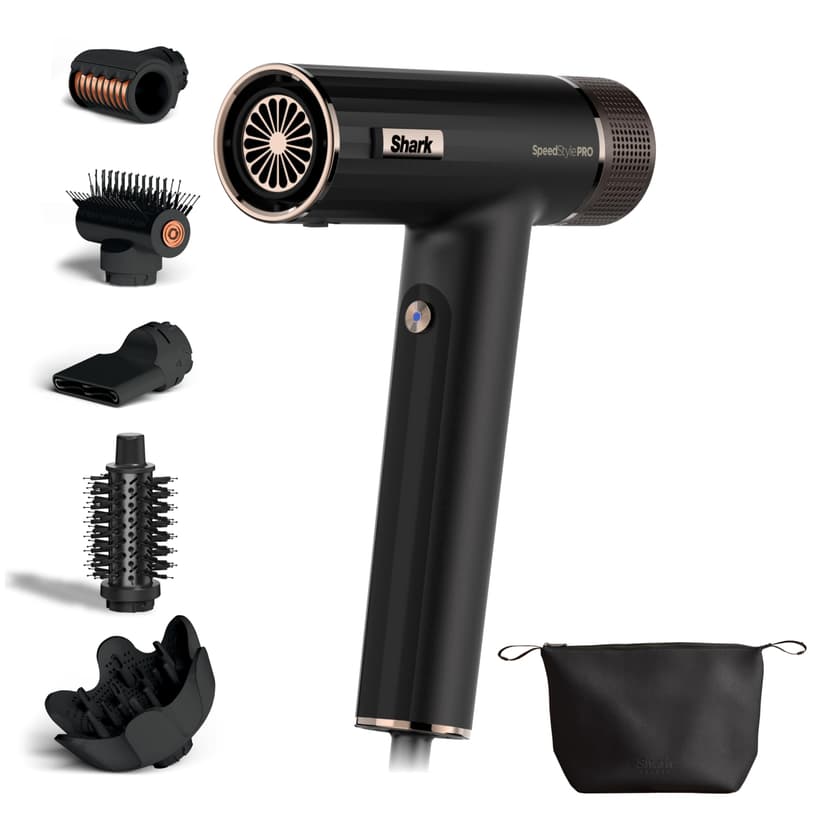 Shark SpeedStyle Pro Hair Dryer, High Performance High-Velocity Hair Dryer For All Hair Types w/ Scalp Shield Technology, 5 Attachments, Lightweight, Ionic, No Heat Damage, Storage Bag, Black HD752UK