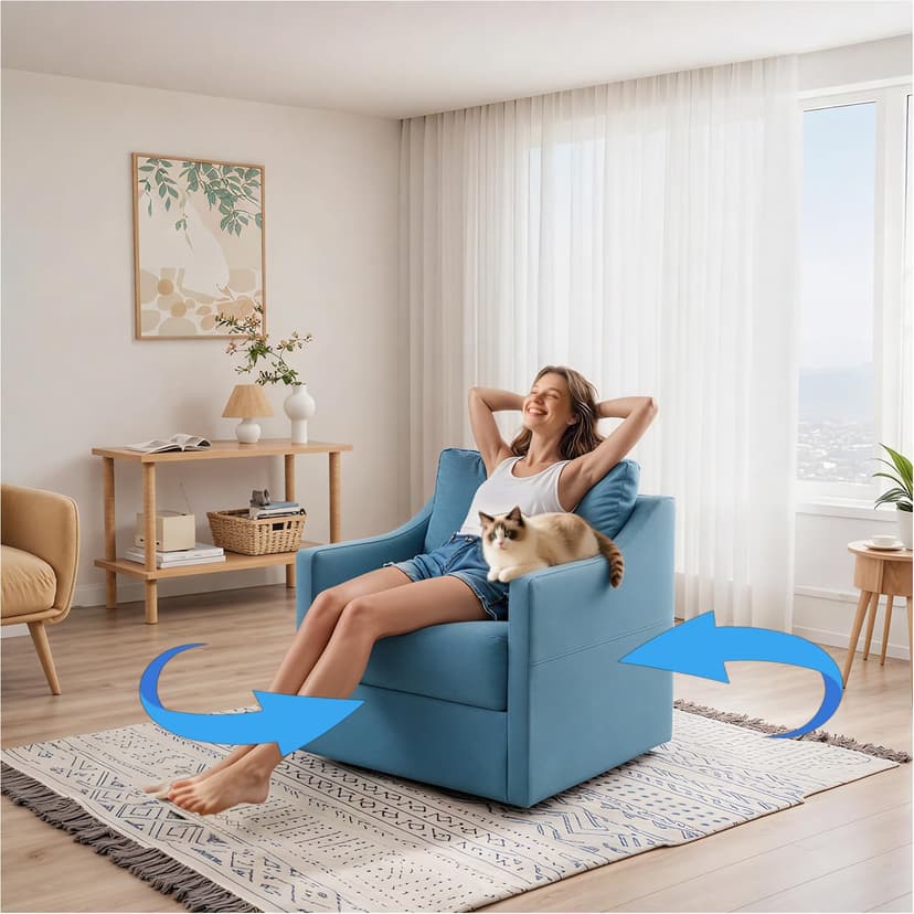 YODOLLA 360° Swivel Cuddle Chair, Fabric Snuggle Chair with Durable Metal Base, Cosy Armchair for Living Room/Bedroom/Reading Spaces, Light Blue