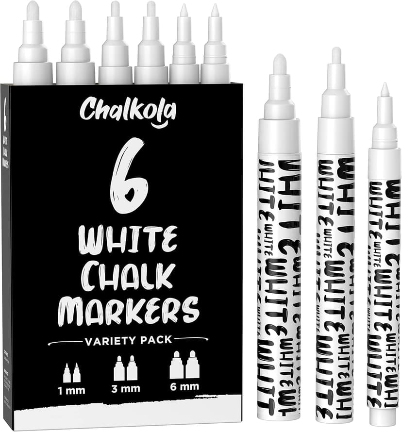 Chalkola White Chalk Pens - White Dry Erase Liquid Chalk Pens for Chalkboard, Blackboard, Window, Bistro, Car Glass, Board, Signs - Variety Pack of 6 - (2x) 1mm, 3mm & 6mm