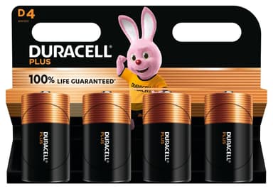 Duracell Plus D Batteries (4 Pack) - Alkaline 1.5V - 100% Life Guaranteed - Reliability For Everyday Devices - 0% Plastic Packaging - 10-Year Storage - LR20 MN1300