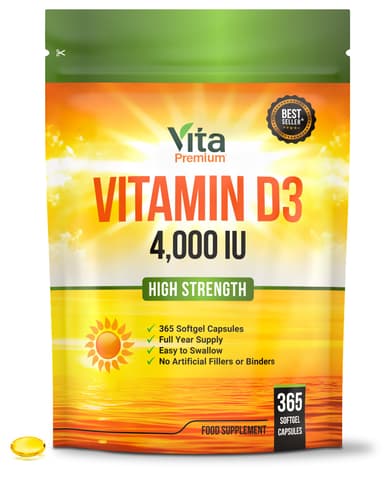 Vitamin D 4,000 IU Softgels, Maximum Strength Vitamin D3 Supplement, 365 Easy to Swallow Softgels - Full Year Supply