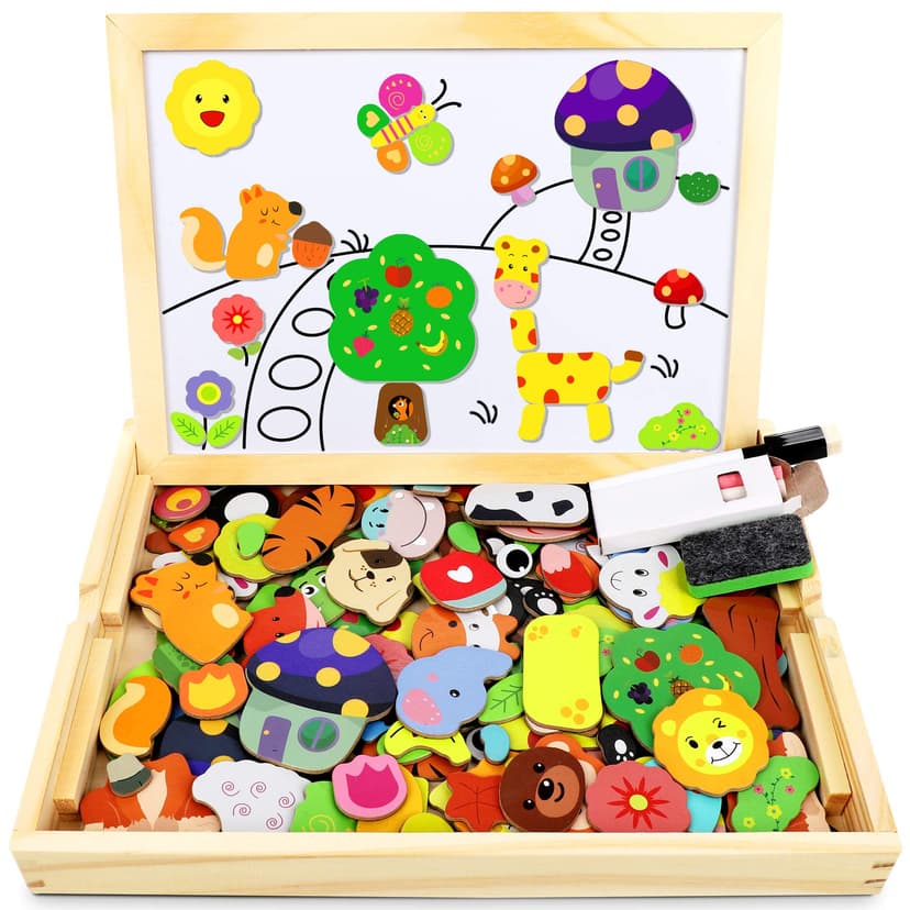 Jojoin 110 PCS Wooden Magnetic Puzzle - Magnetic Puzzle Board - Cute Animal Pattern Games Double Sided Jigsaw - Educational Drawing Easel Blackboard Wood Toys - Easter Gifts For Kids Up 3 Years Old