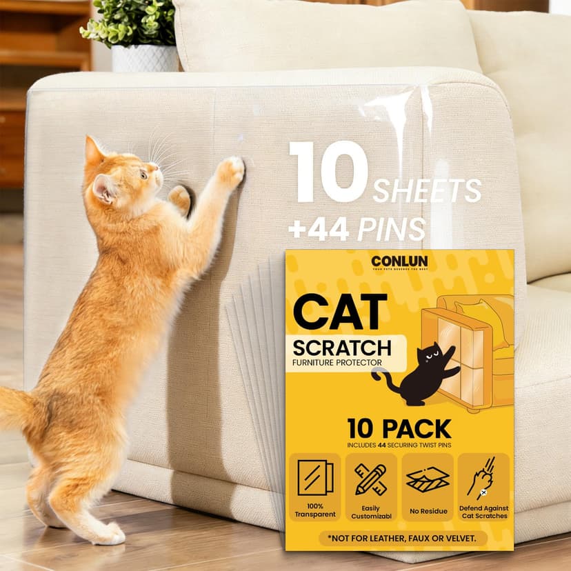 Conlun 10 Pack Cat Scratch Furniture Protector with 44 Twist Pins, 100% Transparent Sofa Guards for Cats, 0.12mm Self-Adhesive Anti-Scratch Sheets (5 pcs 35x28cm & 5pcs 35x15cm)