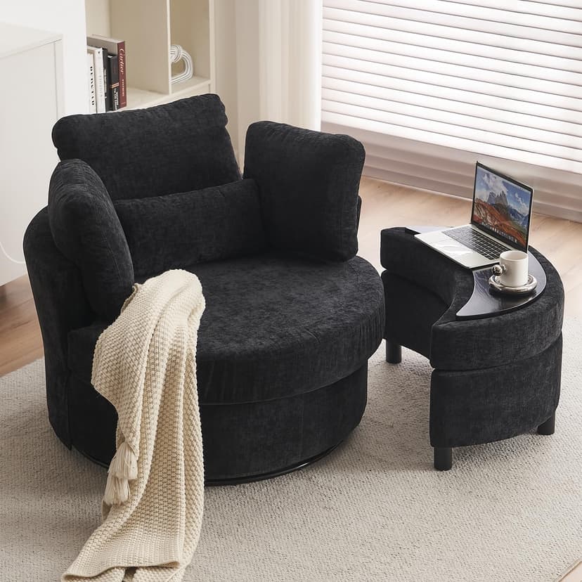 DEKKETO Swivel Cuddle Sofa Chair With Footstool Set, Chenille Single Tub Chair With Four Pillow, Snuggle Barrel Chair With Thick Cushion For Adults, Accent Round Armchairs For Living Room, Black